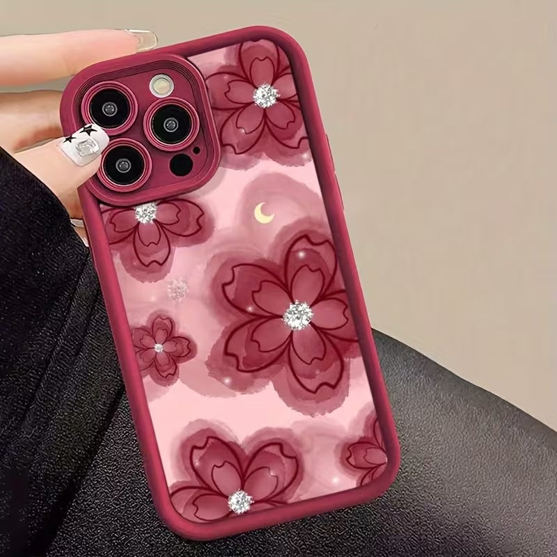 3D Hot  Red Floral Sparkle Diamond Flower Cute Design Silicone Aesthetic Print Case