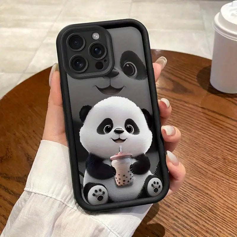 Black Panda Pattern Hot 3D Teddy Bear Boba Tea Cute Design Drinking Coffee Print Cover