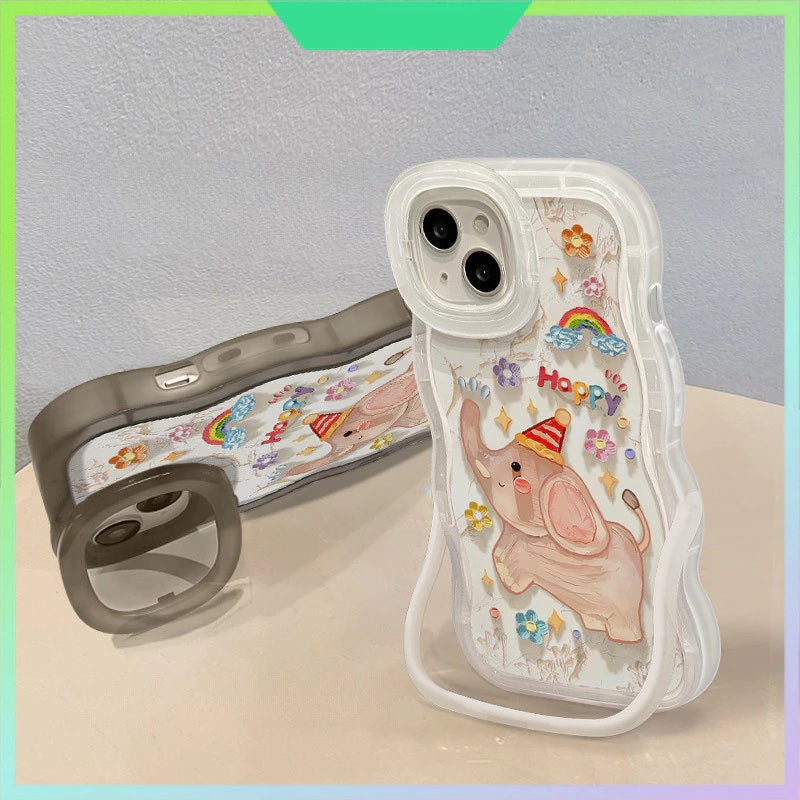 3D Cute Baby Elephant Dancing Cartoon Rainbow Star Floral Wave Curly Invisible Double Phone Stand Holder