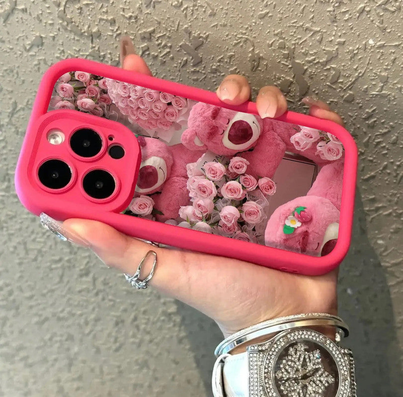 Hot 3D Rose Bear Strawberry Teddy Flower Aesthetic Pattern Case - Pink