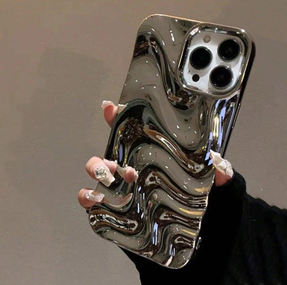 Metallic Silver Swirl Hot 3D Minimalist Faux Wave Cute Design Aesthetic Cover for Girls