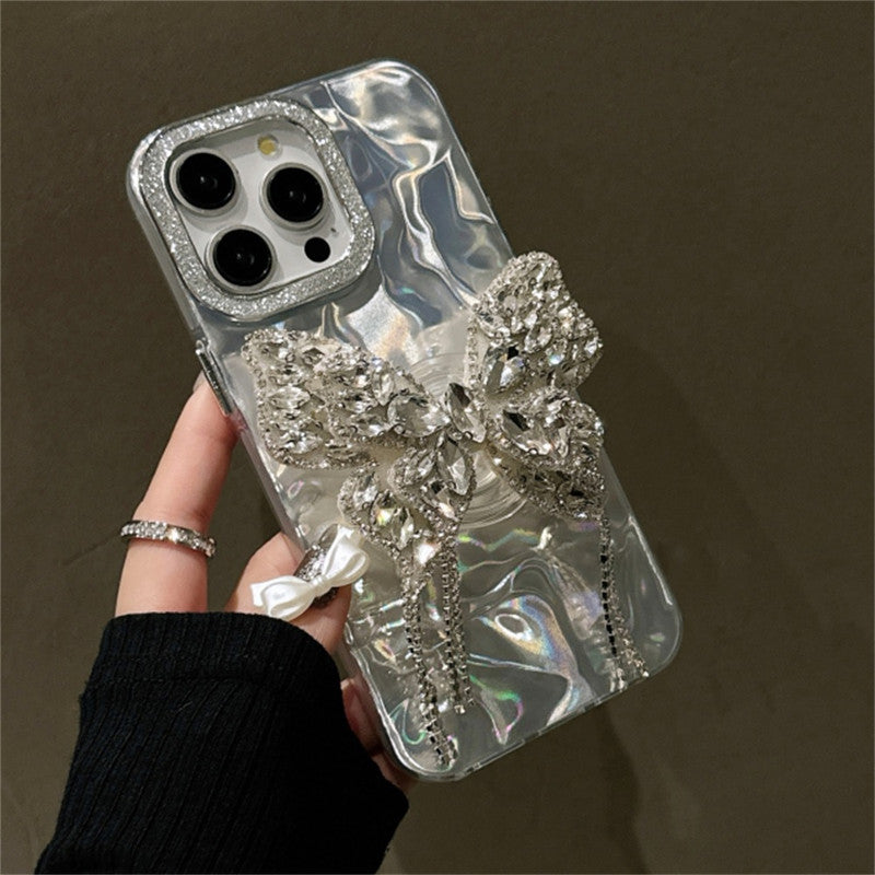3D Butterfly Tassel Pop Diamond Holder Stand Wrinkle Glitter Bride Holographic Phone Case