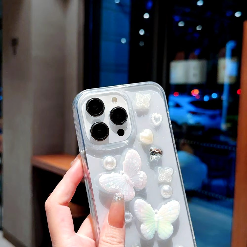 Luxury Translucent Butterfly Diamond Pearl Heart Resin Phone Case