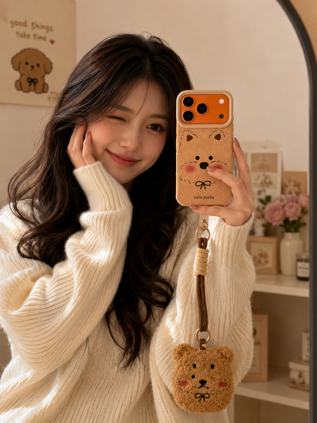 Leather Texture Cartoon Doll Teddy Bear Phone Case with Plush Teddy Lanyard Wrist Strap Puppy Face Brown Cover