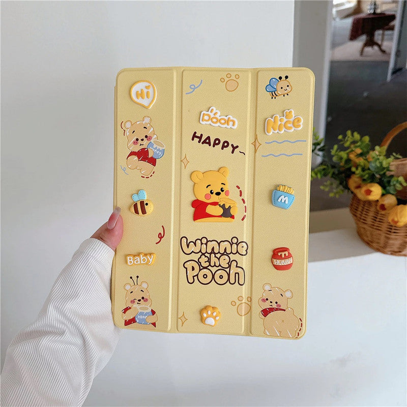 3D Cute Cartoon Winnie The Pooh PU Leather Tablet iPad Flip Case,Candy Auto Wake/Sleep Colorful Floral Stand with Pencil Holder Cover
