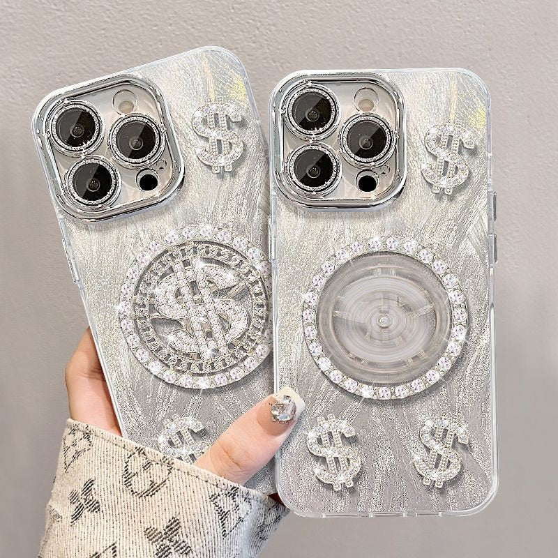 3D Dollar Rotation Spinner Lens Glitter Diamond Silver Dream Casino Money Game Play Case
