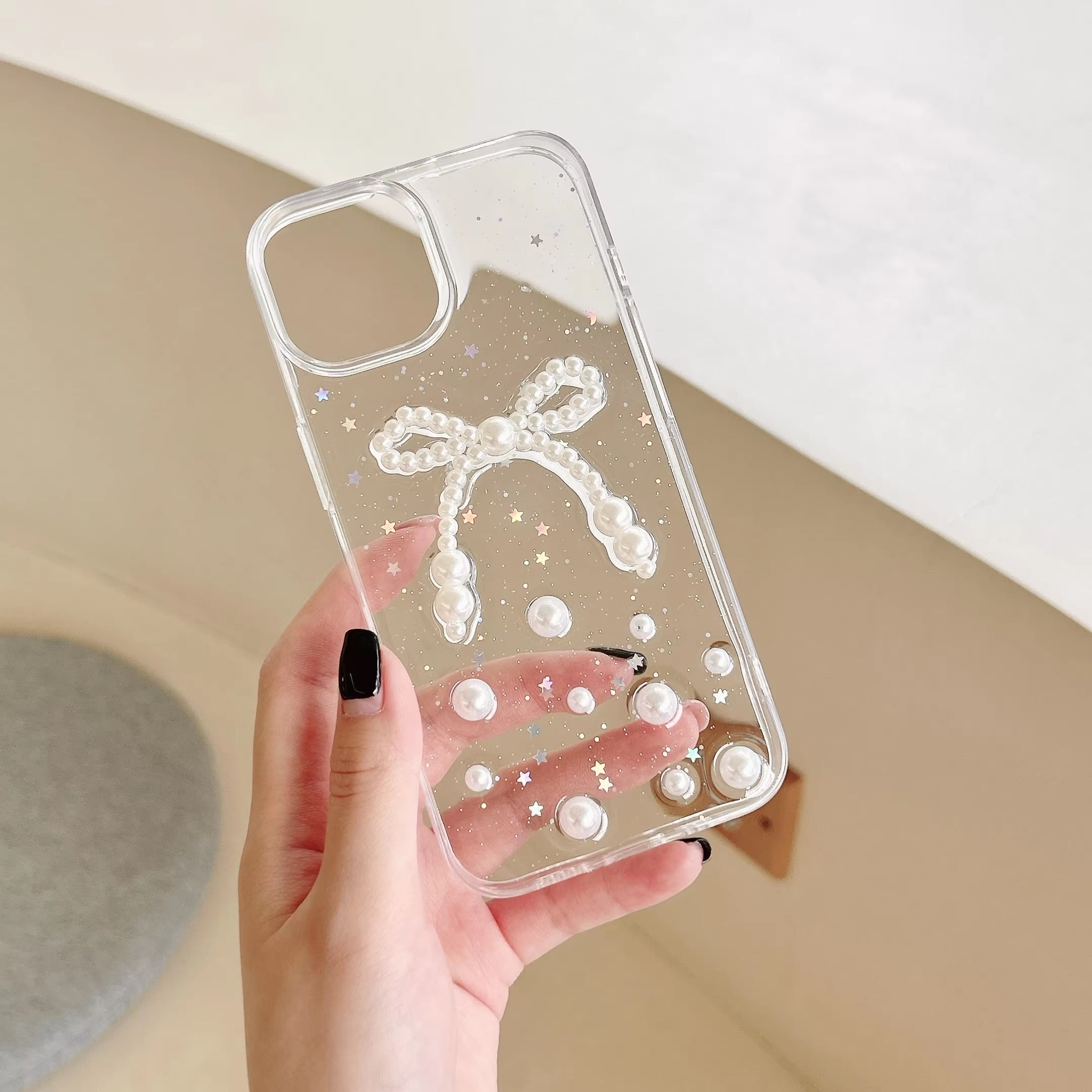 Luxury Translucent Pearl Bow Shinning Stars Resin Phone Case