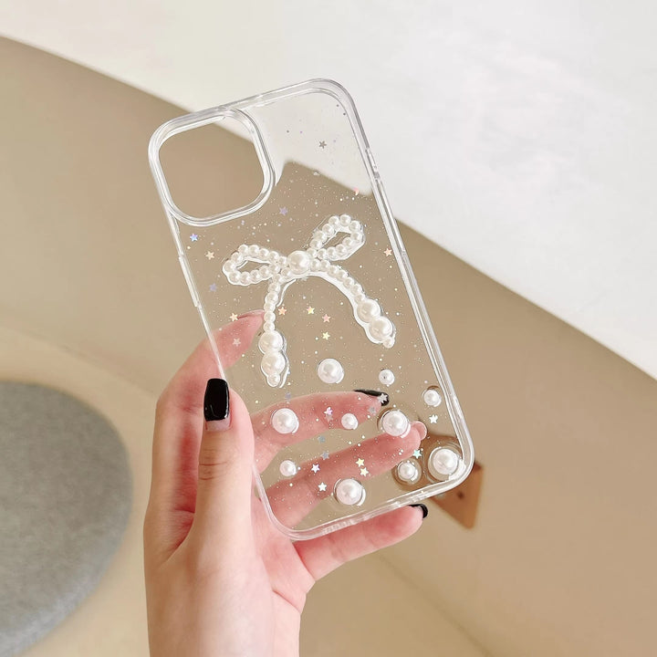 Luxury Translucent Pearl Bow Shinning Stars Resin Phone Case