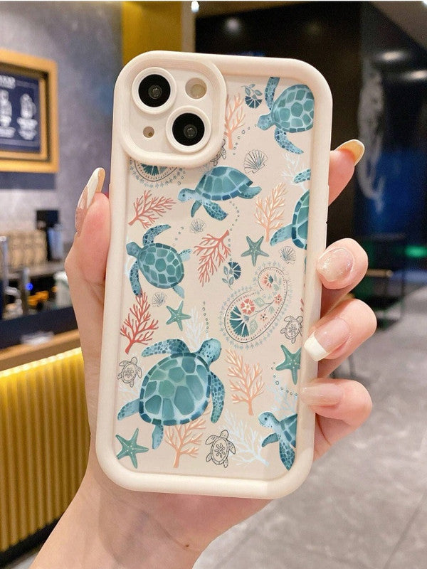 Sea Turtle Hot 3D Turtle Painting Concave Seaweed Coral Beach Cute Print Fashion Phone Case (Beige)