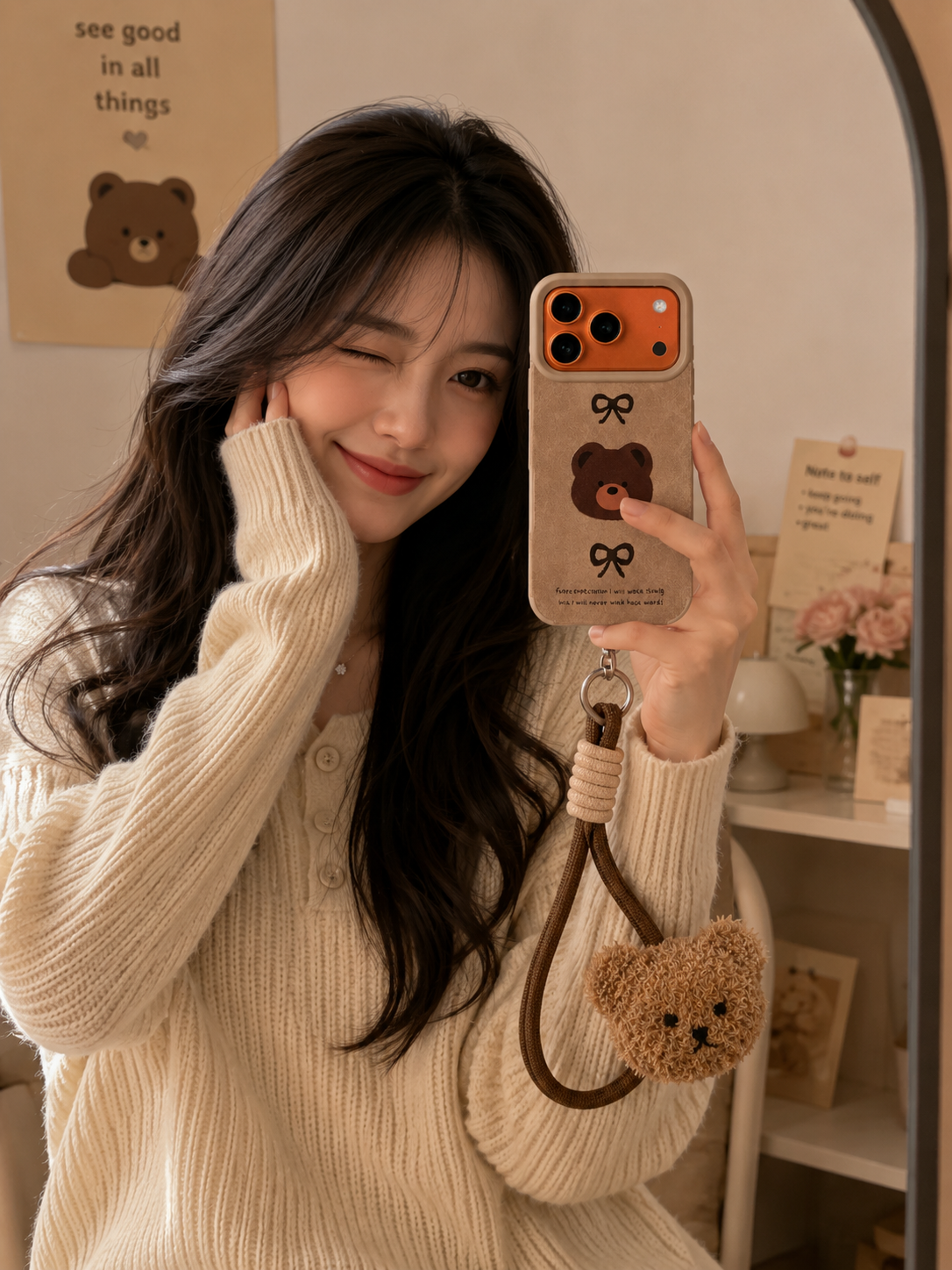 Leather Cartoon Teddy Bear Phone Case with Plush Teddy Lanyard Brown Teddy Wrist Strap Case