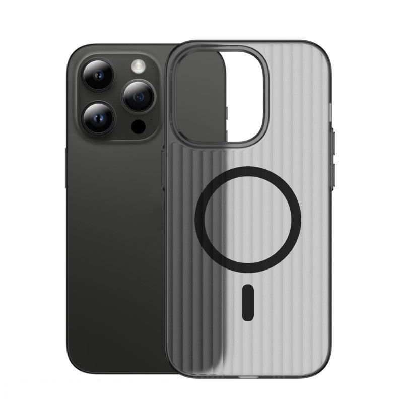 Transparent Hard Frosted Corrugated Phone Case Compatible with Magsafe, Anti-Yellow Back Case Glossy Wavy Texture - Black