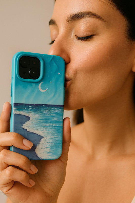 Aesthetic Ocean Wave Sky Design Luxury Texture Trendy Retro Cute Blue Sea Moonlight 3D Wrinkle Case