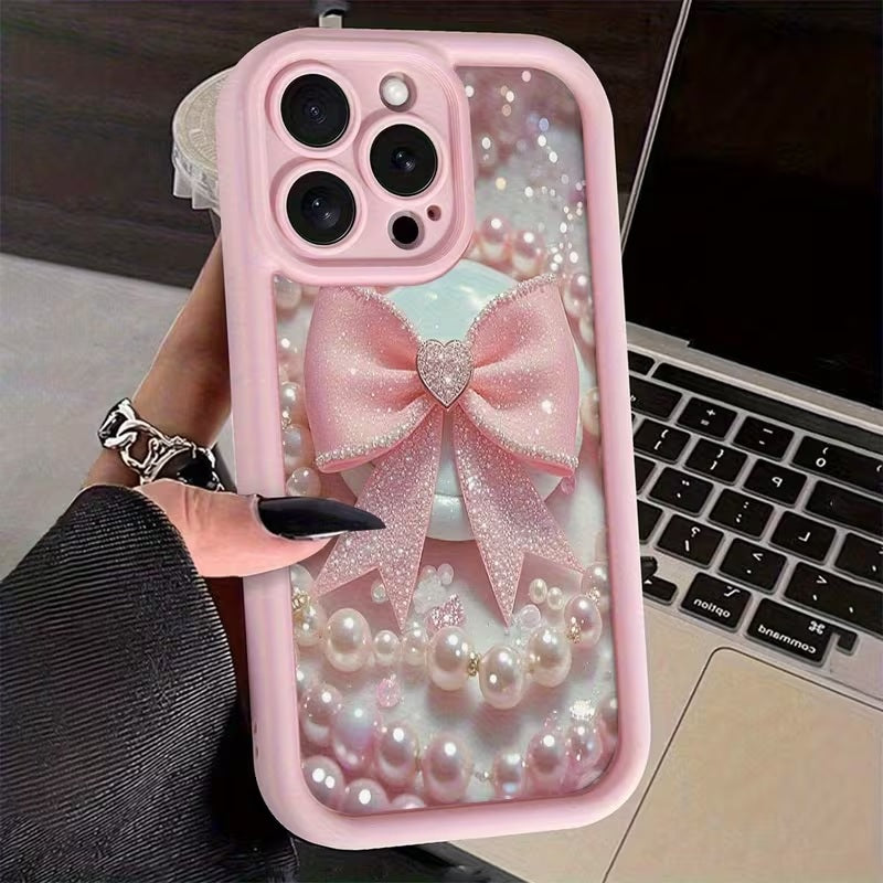 3D Hot Necklace BowKnot Pastel Pink Ribbon Bow Pearl Cute Design Silicone Aesthetic Print Case