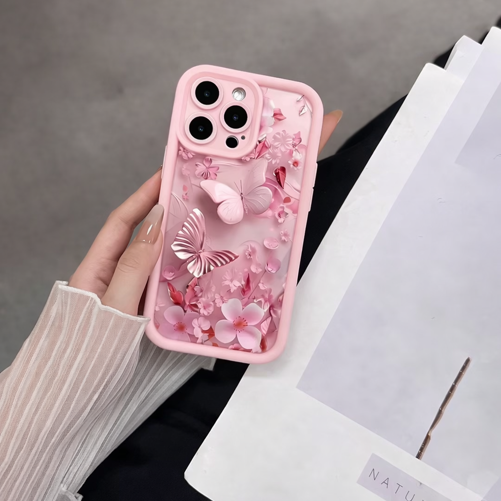 3D Pastel Butterfly Floral Blossom Art Flower Cute Design Back Case Cover - Baby Pink