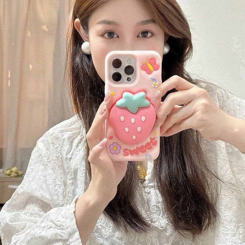 3D Strawberry Sweet Cartoon Kawaii Adorable Cute Lovely Butterfly Pink Pop Case with Holder