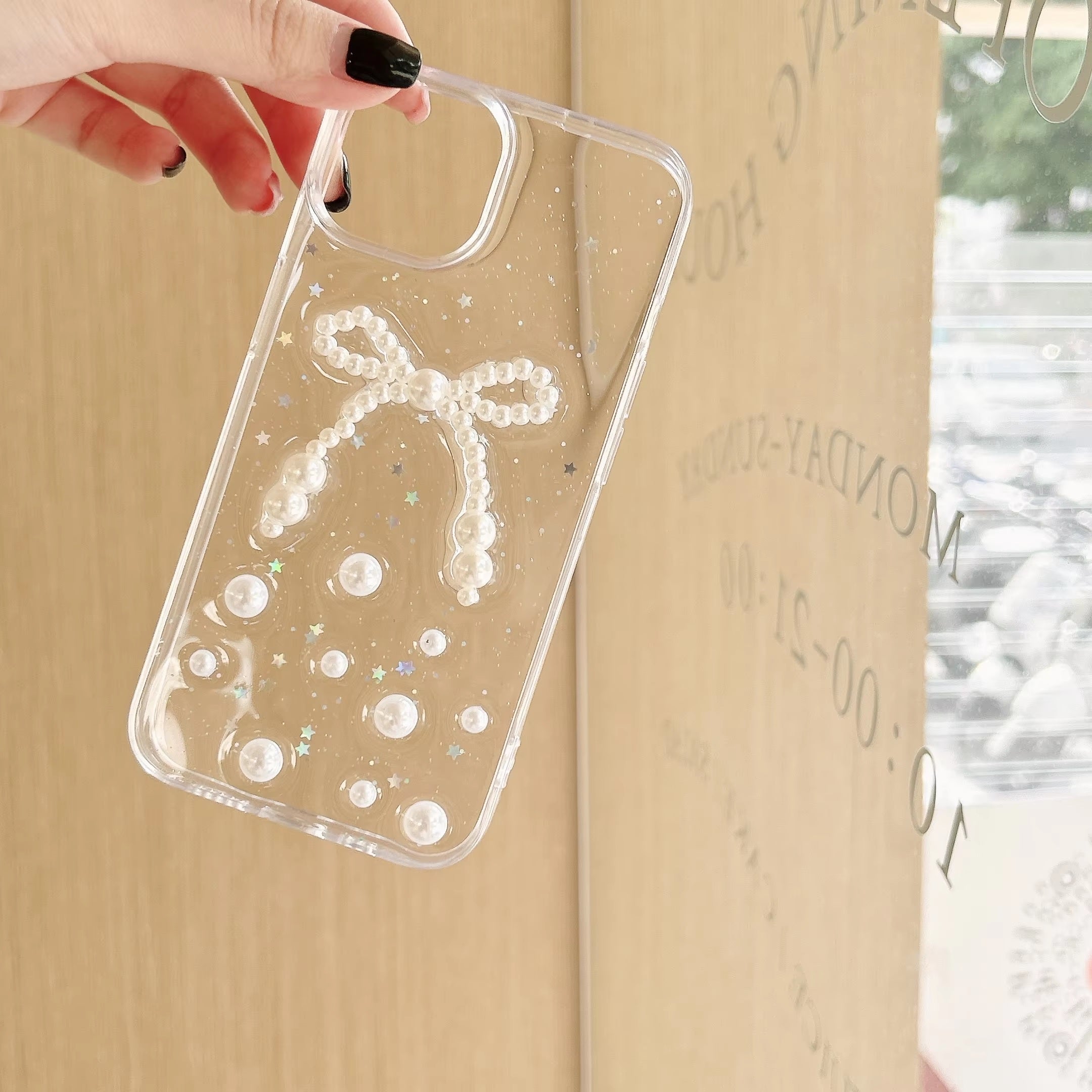 Luxury Translucent Pearl Bow Shinning Stars Resin Phone Case