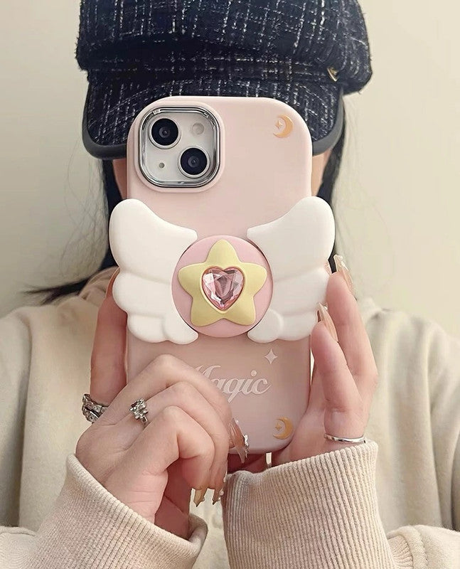 3D Cute Magical Fairy Angel Wings Folding fly Cartoon Magic Stars Heart Shaped Diamond Phone Stand Holder Case