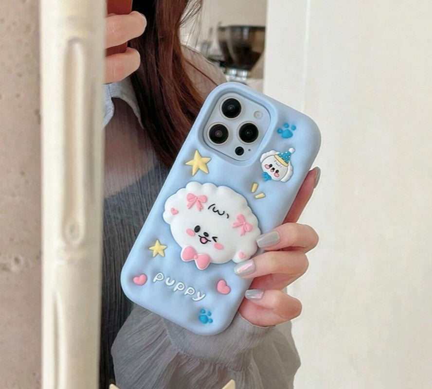 3D Puppy Knot Cartoon Dog Love Pastel Blue Phone Holder Kawaii Case