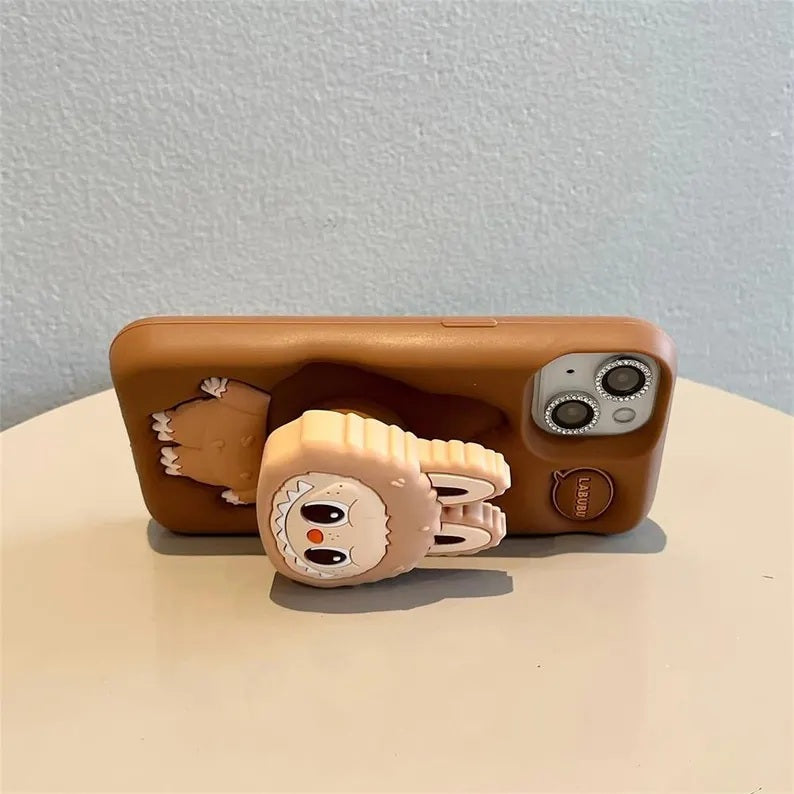 3D Labubu Cartoon Cute Plush Love Dark Brown Phone Holder Plush Pop Aesthetic Case
