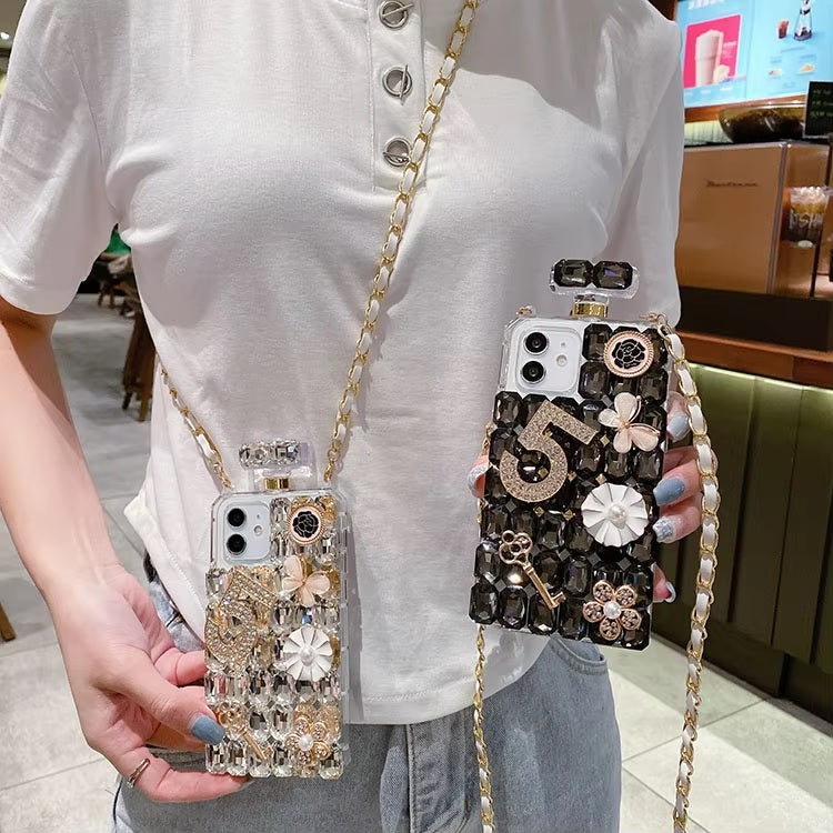 3D Luxury Diamond Perfume Bottle Adorable Jewellery Cute Rhinestone Glitter Bling with Crossbody Rope Sling Aesthetic Cover