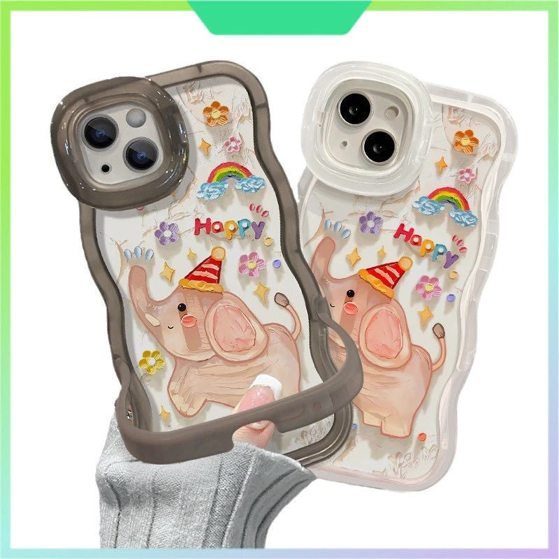 3D Cute Baby Elephant Dancing Cartoon Rainbow Star Floral Wave Curly Invisible Double Phone Stand Holder