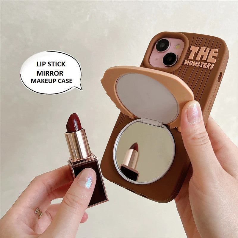 3D The Monster Labubu Mirror Cartoon Phone Holder Stand Makeup Brown Case