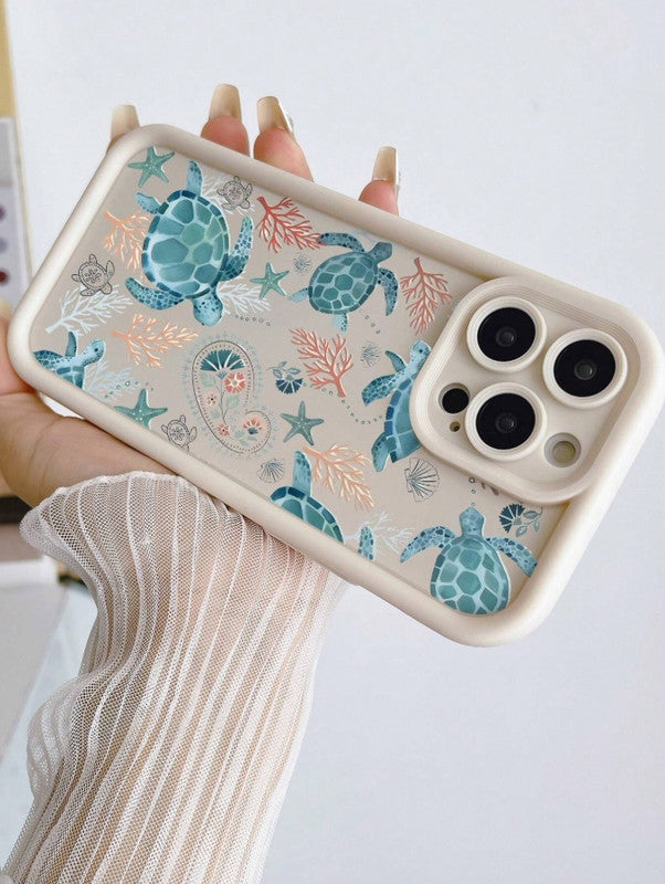 Sea Turtle Hot 3D Turtle Painting Concave Seaweed Coral Beach Cute Print Fashion Phone Case (Beige)