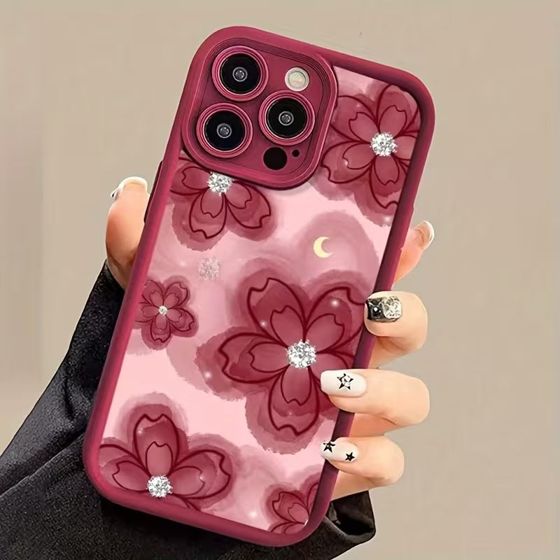 3D Hot  Red Floral Sparkle Diamond Flower Cute Design Silicone Aesthetic Print Case
