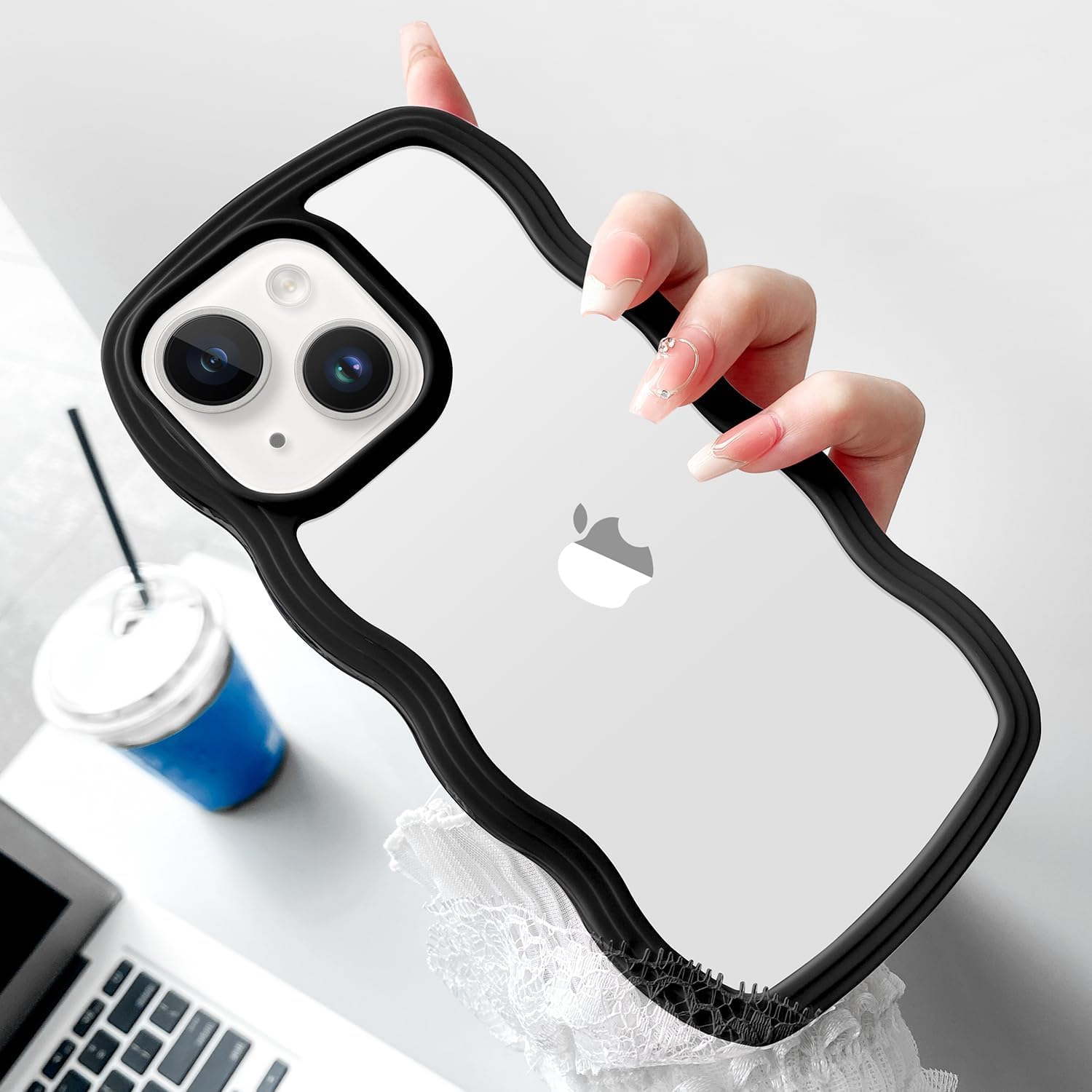 3D Curly Wave TPU Transparent Black Frame Bumper Case