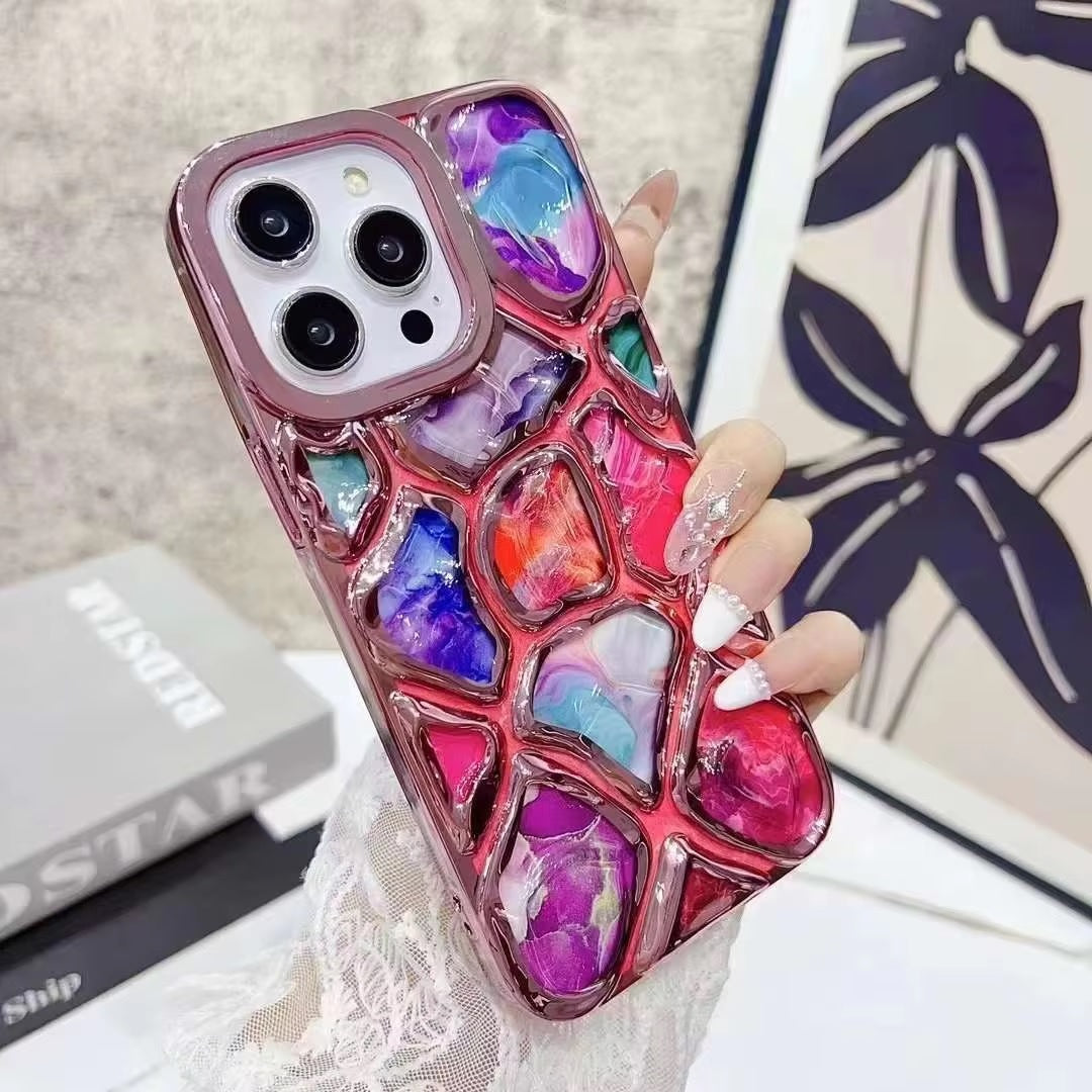 Luxury Stylish 3D Stone Texture Diamond Cut Rose Gold Electroplating cases