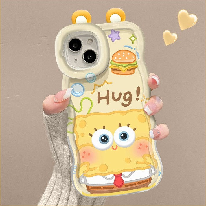 3D Cute Creative Sponge Bob Cartoon Rainbow Hug Floral Decor Wave Curly Invisible Double Phone Stand Case