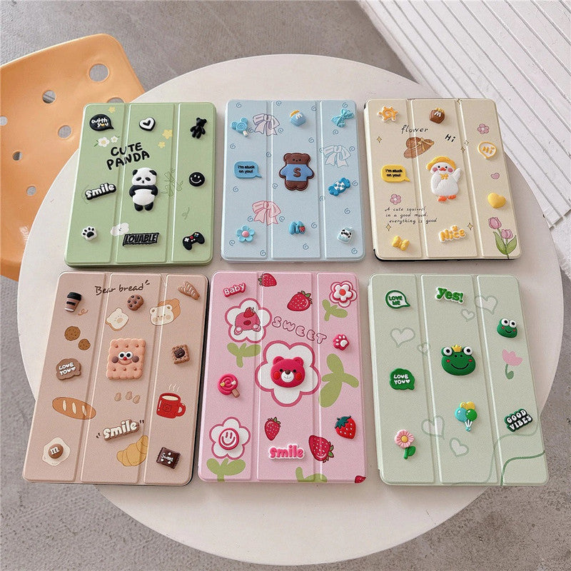 3D Cute Cartoon Bread Biscuit PU Leather Tablet iPad Flip Case,Smile Coffee Auto Wake/Sleep Colorful Floral Stand with Pencil Holder Cover