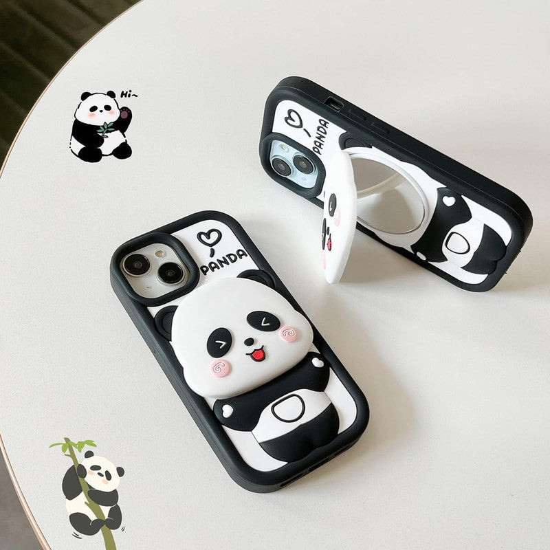 3D Panda Makeup Mirror Cartoon Cute Bear Love with Phone Stand Holder