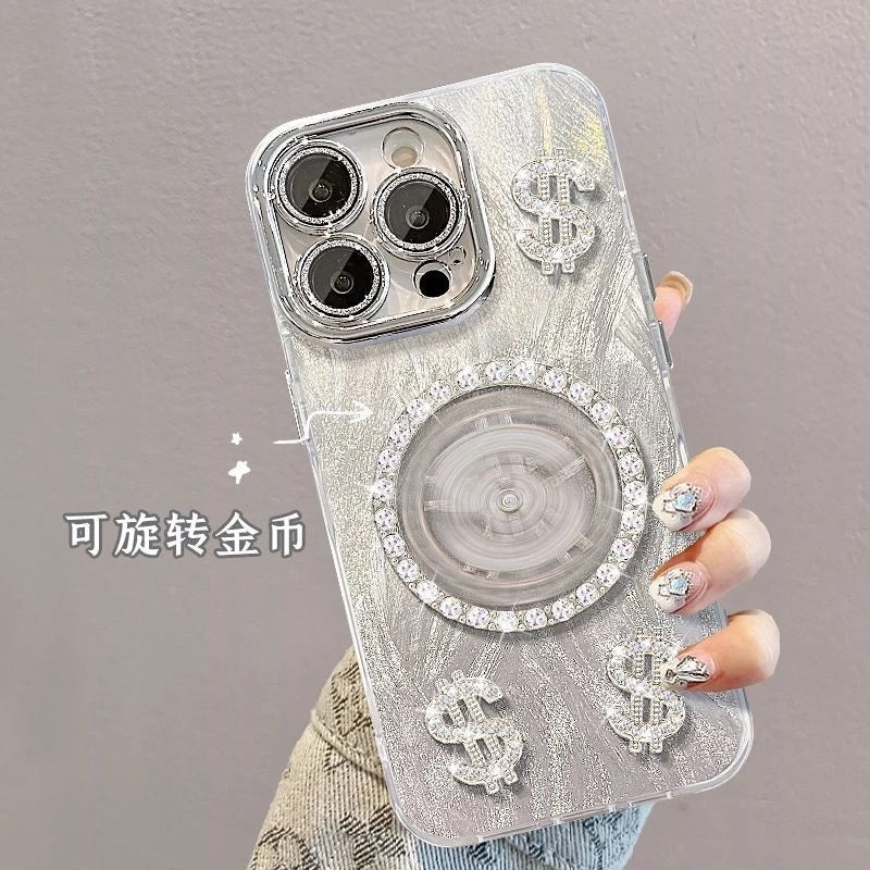 3D Dollar Rotation Spinner Lens Glitter Diamond Silver Dream Casino Money Game Play Case