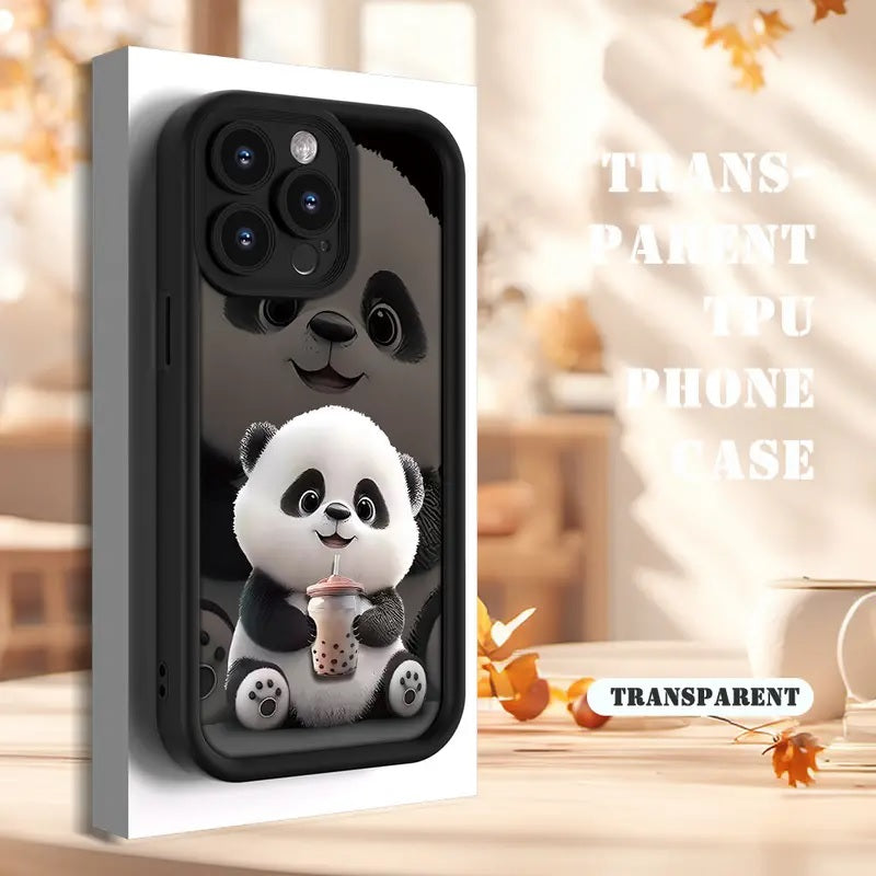 Black Panda Pattern Hot 3D Teddy Bear Boba Tea Cute Design Drinking Coffee Print Cover