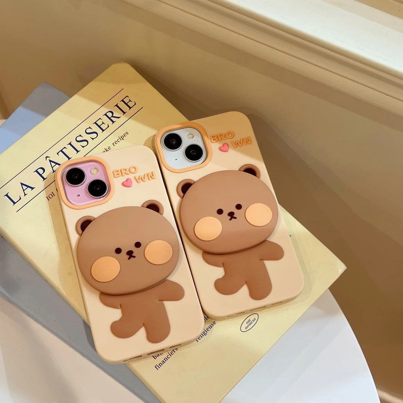 3D Brown Teddy Bear Makeup Mirror Cartoon Stand Case