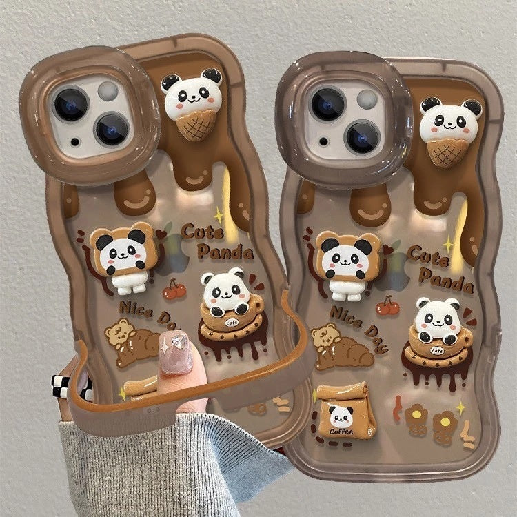 3D Cute Bear Panda Cartoon Chocolate Coffee Wave Curly Invisible Double Phone Stand Holder