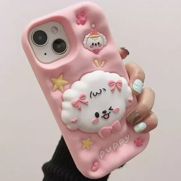 3D Puppy Knot Cartoon Dog Love Pastel Pink Phone Holder Kawaii Case