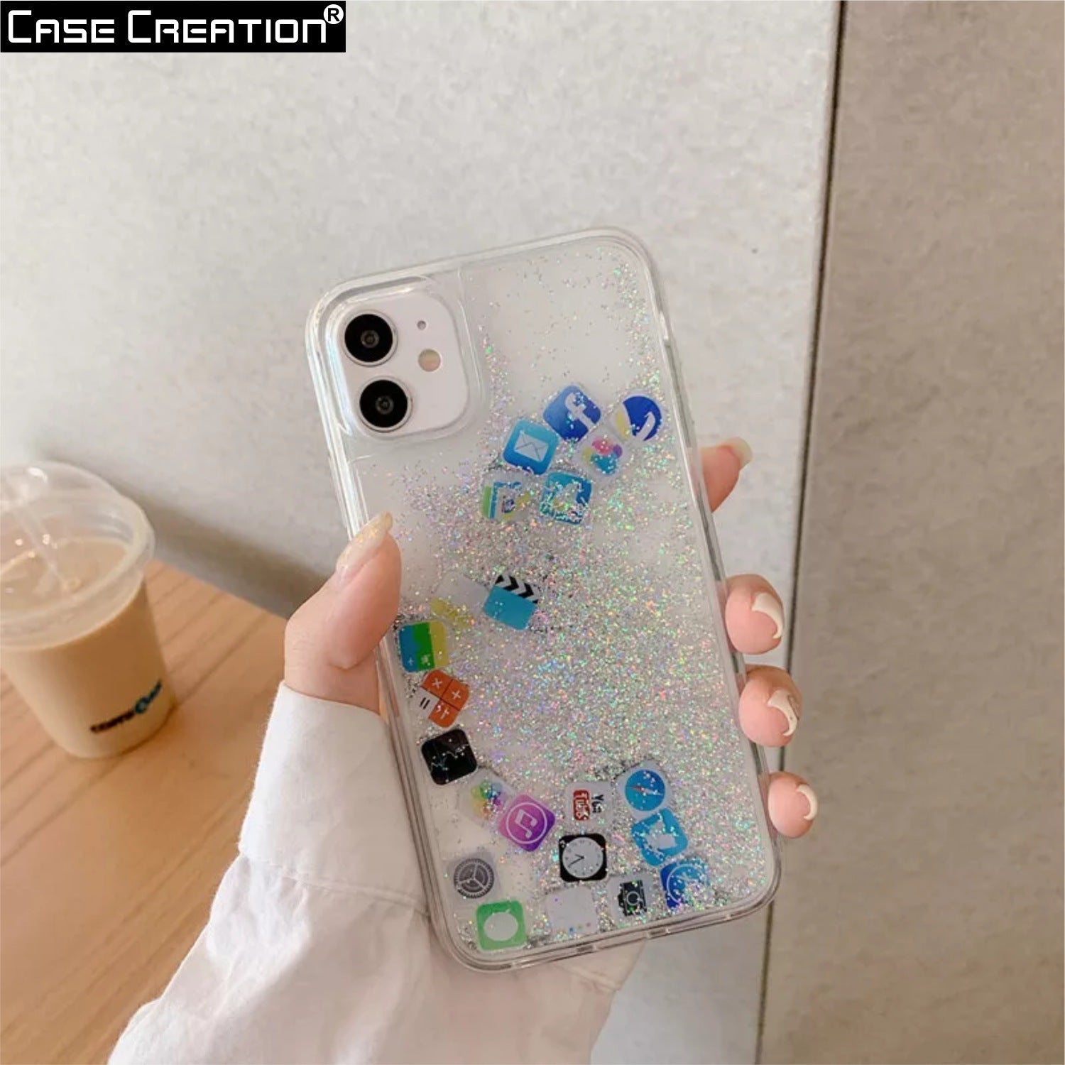 Liquid Glitter Bling Quicksand with iOS Acrylic Icon Sparkle Floating App Case