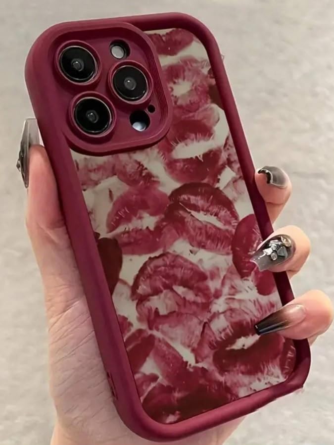 3D Romantic Red Lips Print Phone Case, Lipstick Kiss Aesthetic Trendy Back Cover