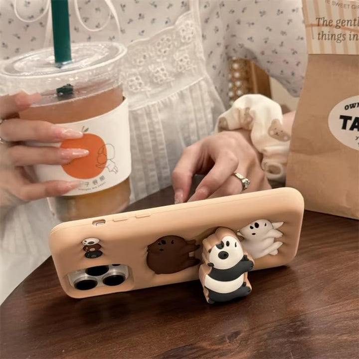 3D Cartoon Kawaii Chubby Panda Bear Case We Bare Bears Panda Family Cover With Stand