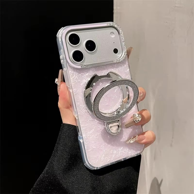 Glitter Marble Back Case Rhinestone Camera Holographic Kickstand Phone Cover With Crystal Ring Holder Stand - Holo White