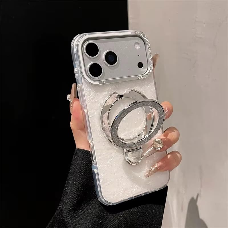 Glitter Marble Back Case Rhinestone Camera Holographic Kickstand Phone Cover With Crystal Ring Holder Stand - Holo White