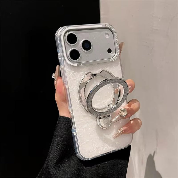 Glitter Marble Back Case Rhinestone Camera Holographic Kickstand Phone Cover With Crystal Ring Holder Stand - Holo White