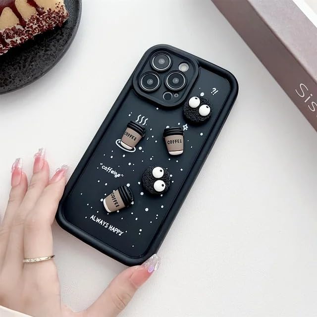 Luxury Cute Fun Cartoon Characters 3D Ball Coffee Cookies Lovers Silicone Case | Happy Black