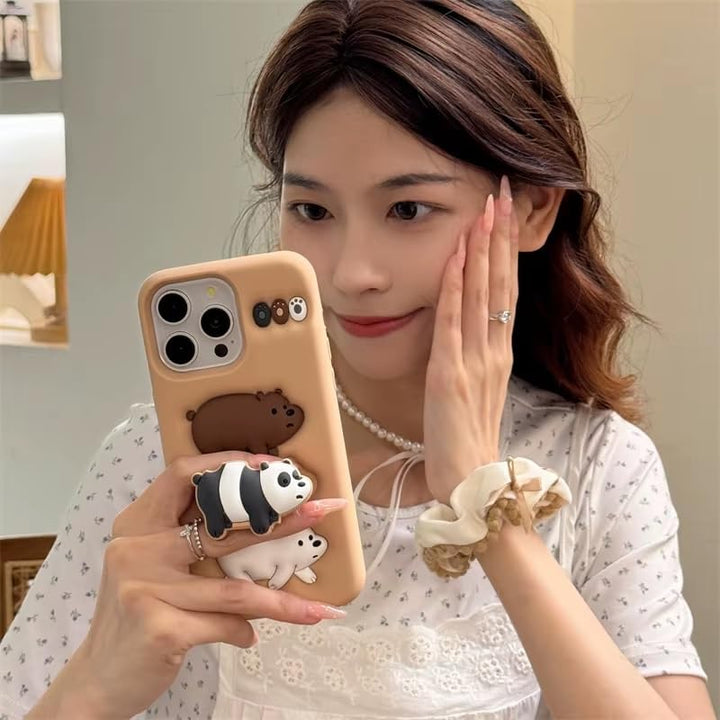 3D Cartoon Kawaii Chubby Panda Bear Case We Bare Bears Panda Family Cover With Stand