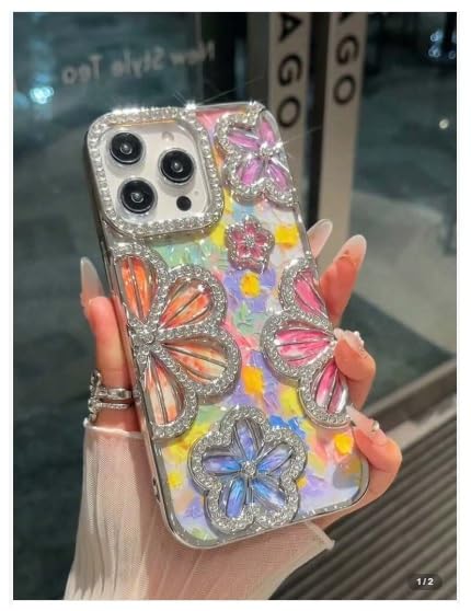 Luxury Bling Crystal 3D Diamond Flower Phone Case Rhinestone Aesthetic Back Cover