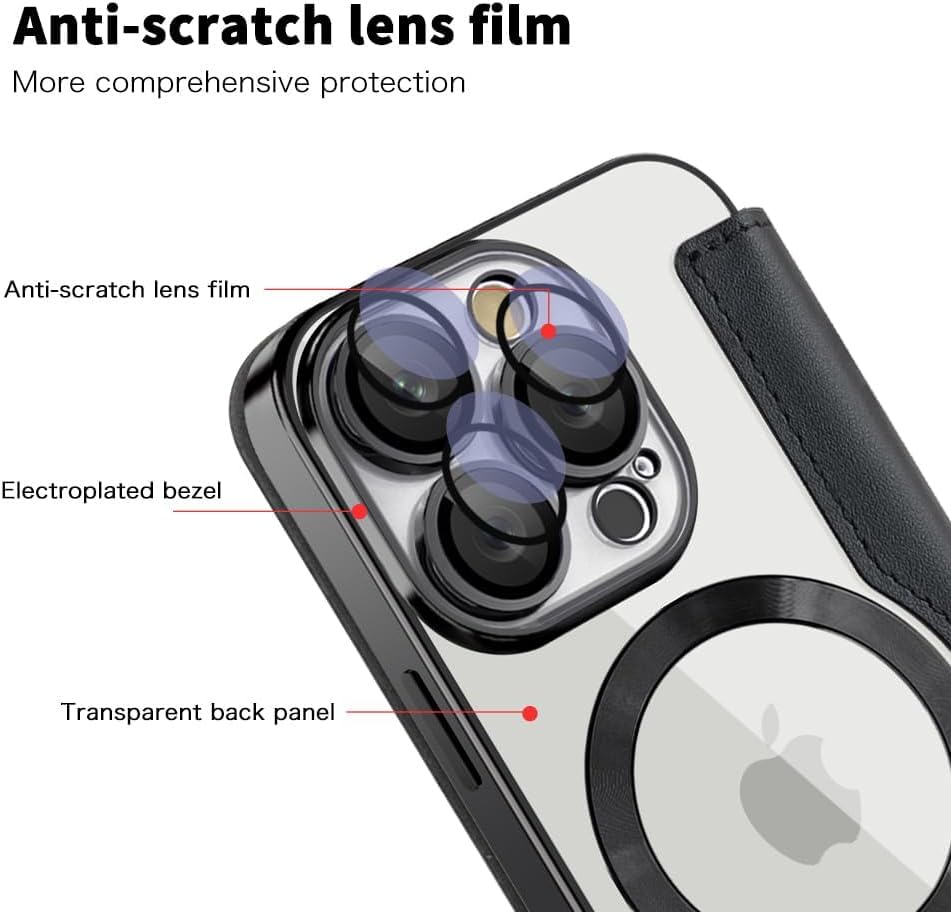 Magnetic Flip Case with RFID Card Slot, MagSafe Leather Wallet Cover with Camera Lens Protection, Shockproof TPU Luxe Case - Black