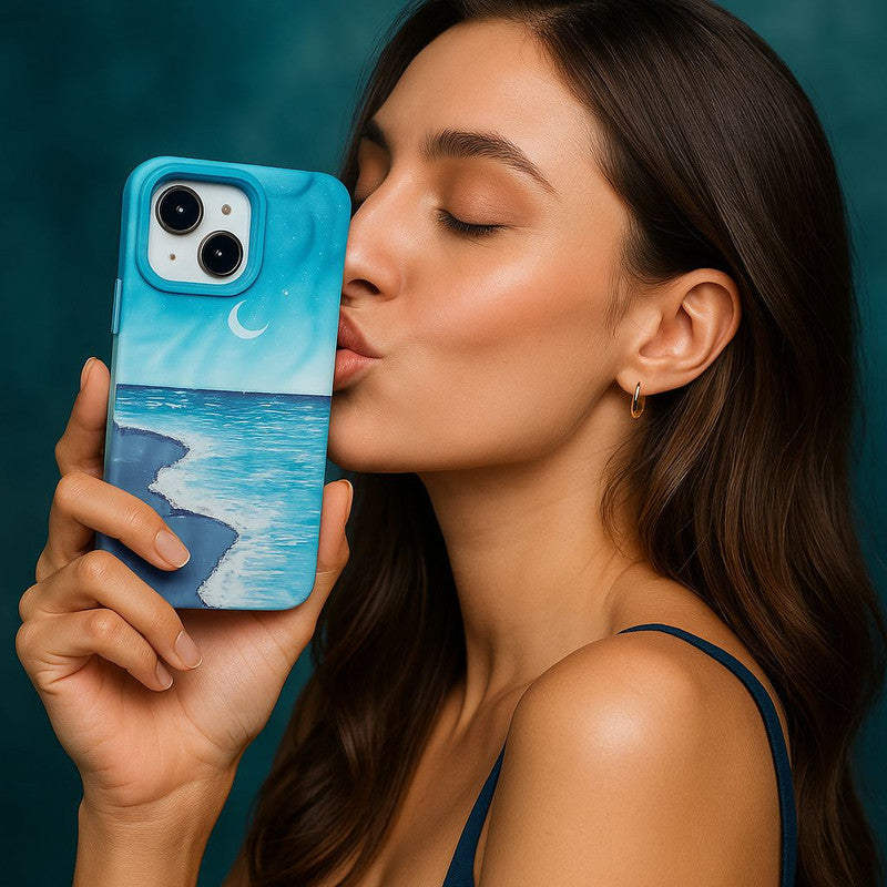 Aesthetic Ocean Wave Sky Design Luxury Texture Trendy Retro Cute Blue Sea Moonlight 3D Wrinkle Case