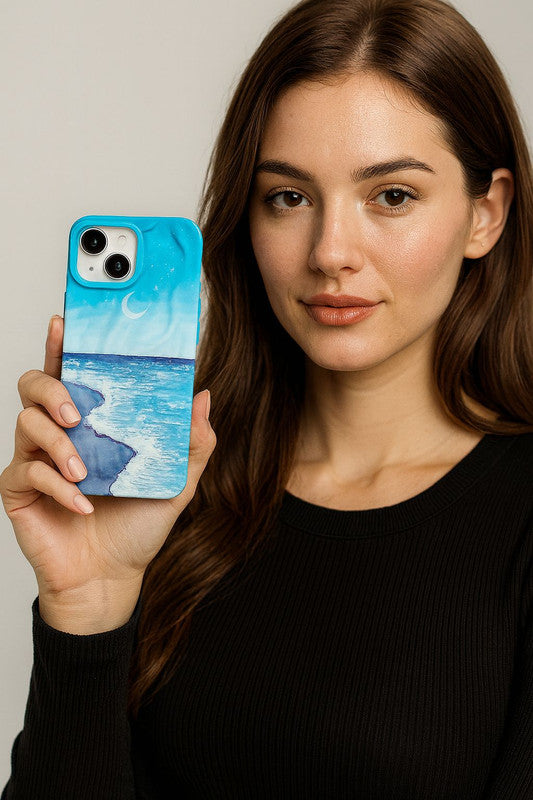 Aesthetic Ocean Wave Sky Design Luxury Texture Trendy Retro Cute Blue Sea Moonlight 3D Wrinkle Case